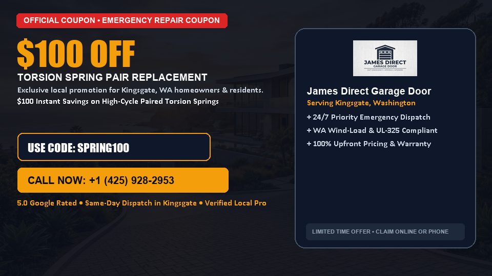 James Direct Garage Door $100 OFF Dual Torsion Spring Replacement in Kingsgate, WA